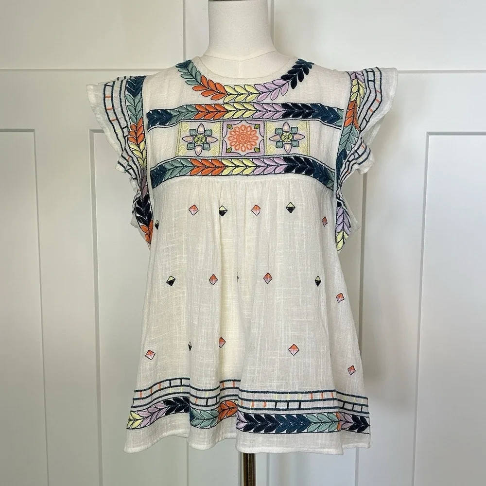 En Créme Embroidered Blouse - Women's LARGE- Flutter Sleeves Boho Cottagecore - Picture 2 of 9